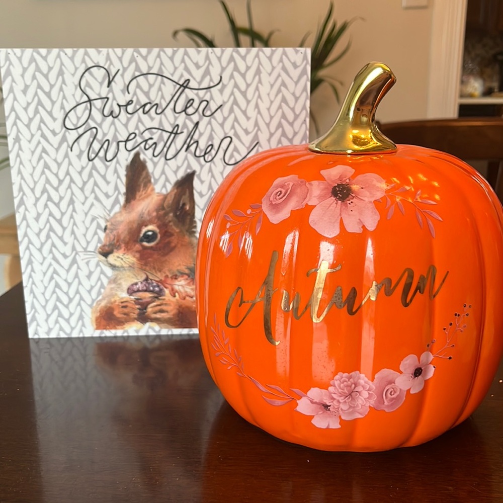 Fall decor pumpkin and sweater weather canvas (9 x 9). NWOT.